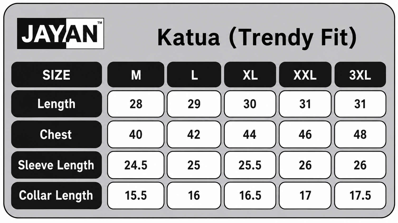 Size chart for Men's Luxury Half Sleeve 100% Cotton Katua